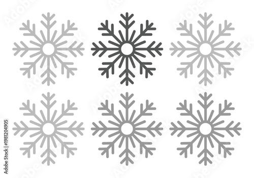 ミニマルでモダンな雪の結晶アイコンセット、冬の季節感を表現するグレーと白のベクターイラスト、クリスマスやホリデーデザインに最適なシンプルな雪の結晶コレクション