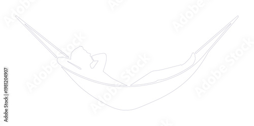 ミニマルな線画で描かれたハンモックでくつろぐ人物のベクターイラスト、リラックスした休日や休暇のコンセプト、シンプルなアウトラインデザインの休息と自由な時間。