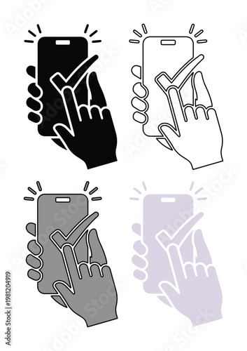 スマートフォン操作と指のタップ、チェックマークで承認を示すモバイルアプリの確認アイコンセット。デジタルデバイスでの選択、完了、または成功を示すベクターイラスト。