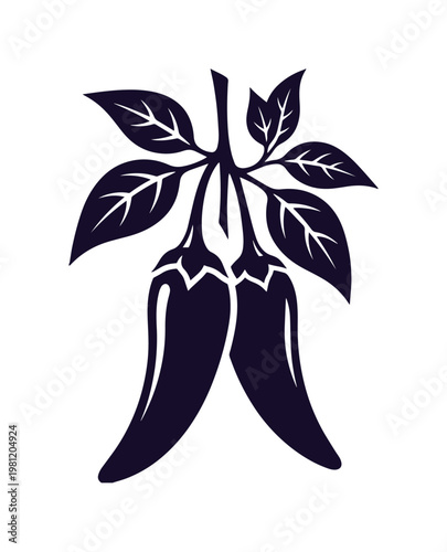 チリペッパーのシンプルなモノクロベクターイラスト、辛い唐辛子と葉っぱのミニマルなデザイン、料理やスパイスのアイコン、メキシコ料理のメニュー素材に最適なグラフィックリソース