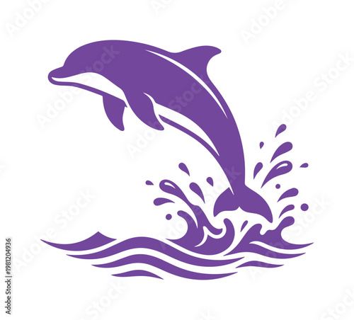 躍動感あふれるイルカのジャンプ、水しぶきと波を伴う紫色のシルエットベクターイラスト。海洋生物の美しさを表現した、ロゴやアイコンに最適なデザイン。