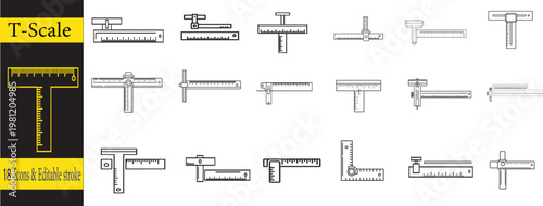 Various t-square rulers and scales for drawing and measurement