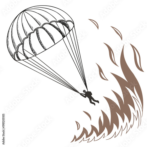 A detailed sketch depicts a parachutist descending amidst stylized flame like shapes creating a dynamic and adventurous composition high quality professional modern
