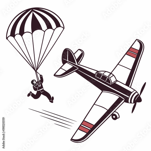 A vintage style illustration depicts a skydiver descending with a striped parachute near a classic airplane in flight high quality professional detailed