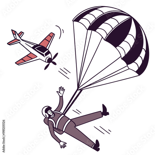 An illustrative depiction shows a skydiver descending with an open parachute while a small airplane flies nearby in the sky high quality