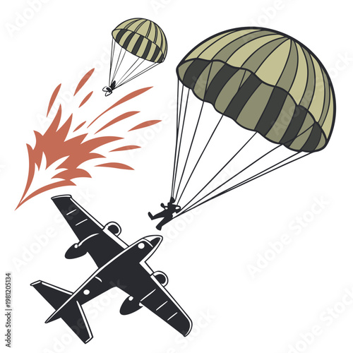 A dynamic illustration depicts two parachutists jumping from an airplane amidst a fiery explosion and trailing smoke high quality professional detailed modern