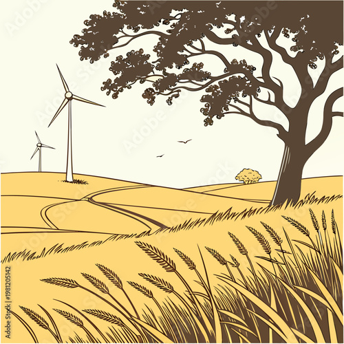 A serene landscape illustration depicts rolling hills a winding path a large tree and distant wind turbines evoking a peaceful rural scene