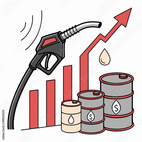 An illustration depicts a rising fuel price trend showcasing a gas pump nozzle alongside an upward pointing graph and oil barrels