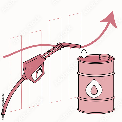 Rising fuel prices are depicted with a gas pump nozzle filling a barrel overlaid on a growing graph high quality professional detailed