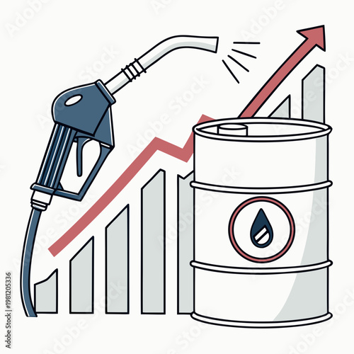 An illustration depicts a fuel pump nozzle alongside a rising graph and oil barrel symbolizing increasing energy prices and market trends