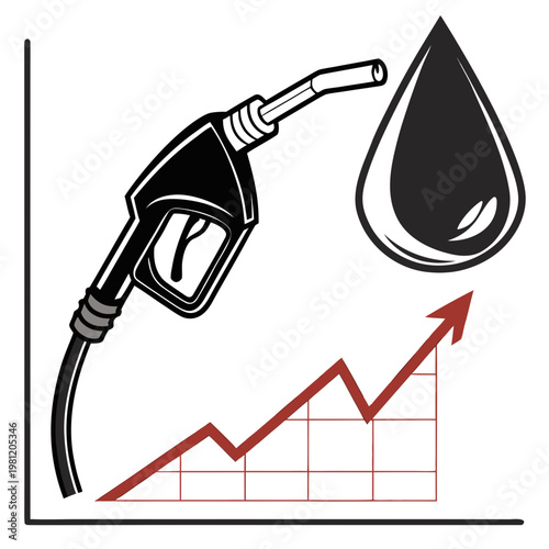 A stylized black and white image depicts a fuel pump nozzle alongside a droplet with a rising red graph below high quality