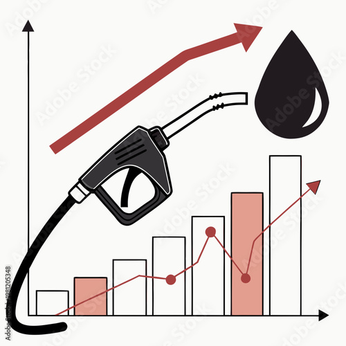 An illustration depicts a rising fuel price trend with a gas pump nozzle and a falling oil droplet high quality professional detailed