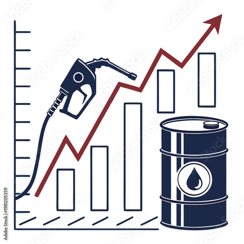 An illustrative graphic depicts rising fuel prices showcasing a gas pump increasing graph and oil barrel high quality professional detailed modern elegant