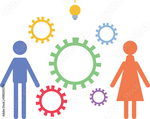 Collaborative business teamwork vector, colorful gear mechanism with male and female silhouettes, creative problem solving and innovation concept