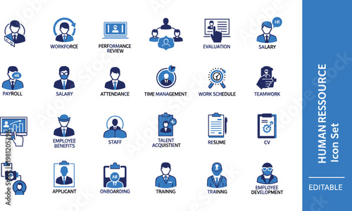 Human resource flat icon set with recruitment payroll performance review training employee management and corporate HR symbols