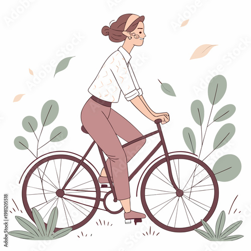 A young woman with a bun and headband enjoys a leisurely bike ride through falling autumn leaves high quality professional detailed modern