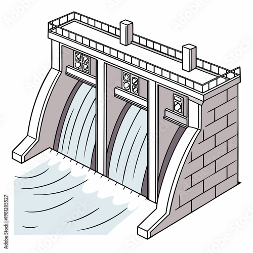 A detailed monochrome illustration depicts a concrete dam structure with two large gates and flowing water below high quality professional modern elegant