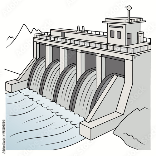 A simplified cartoon illustration depicts a concrete hydroelectric dam with open spillways and surrounding mountainous terrain high quality professional detailed modern elegant