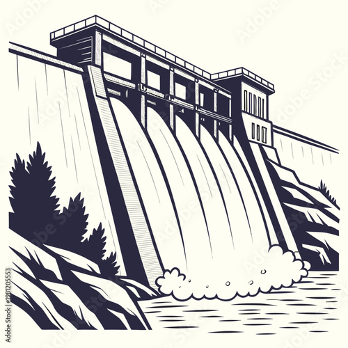 A detailed illustration showcases a large concrete dam with cascading water surrounded by trees and a river in a vintage style