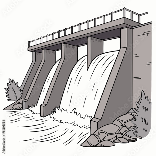 A detailed line drawing showcases a concrete dam releasing a powerful cascade of flowing water with vegetation flanking either side high quality