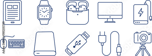 Technology electronic devices and gadget accessories line icon set. Blue outline symbols for computer, mobile, photography, and data storage. Flat linear graphics for commercial use.