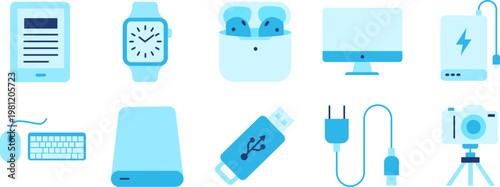 Technology electronic devices and gadgets accessories flat icon set. Blue minimal symbols for computer, mobile, photography, and storage. Modern digital hardware icons for commercial use.