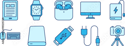 Technology electronic devices and gadgets accessories icon set. Flat linear web symbols for computer, mobile, digital photography, and storage. Blue outline icons for commercial use.