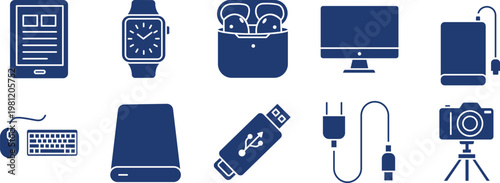 Technology electronic devices and gadgets accessories solid icon set. Flat glyph symbols for computer, mobile, digital photography, and storage. Dark blue silhouettes for commercial use.