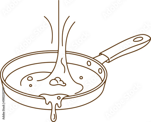 Hot brown liquid pouring into metal frying pan vector line art icon illustration.