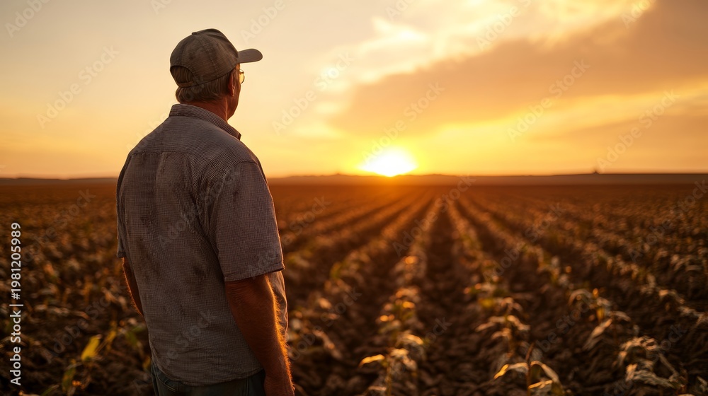 Fototapeta premium Farmer watching sunset over crops agricultural field photography serene landscape wide-angle view reflection of hard work