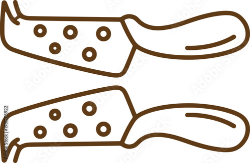 Two cheese knives with holes kitchen utensils vector line art illustration.