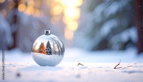 Silver ornament rests in snow, reflecting trees; bright background blurs winter forest