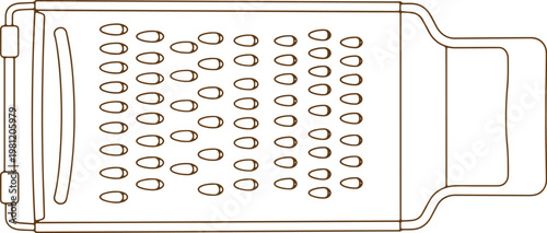 Top view of a cheese grater, line art object on checkered background, kitchen tool.