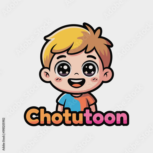 A cartoon boy with a cheerful expression and colorful text Chotutoon logo design