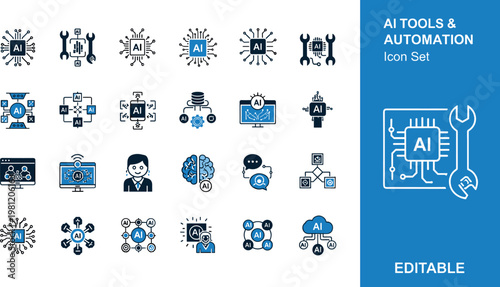 AI tools and automation line icon set with machine learning robotics data processing and artificial intelligence symbols for technology design
