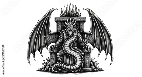 Dragon on throne illustration black and white fantasy artwork isolated