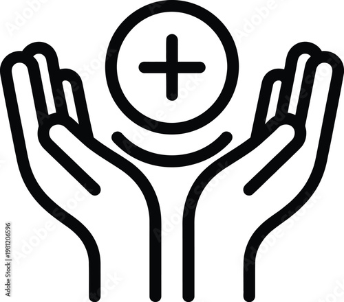 Cupped hands outline icon holding circle with plus sign protection care support symbol isolated vector illustration design