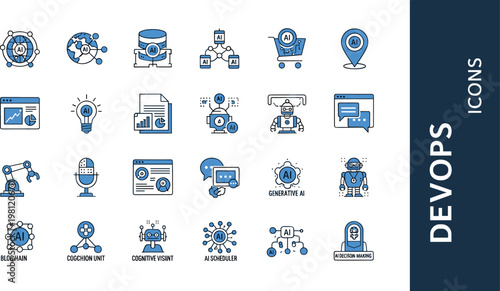AI DevOps flat icon set with machine learning automation cloud deployment data processing and artificial intelligence symbols for technology design