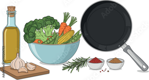 Healthy cooking ingredients vector set with olive oil vegetables frying pan garlic spices and fresh organic food