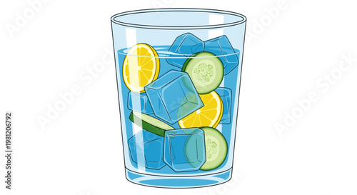 Illustration of a glass filled with detox water containing ice cubes, lemon slices, and cucumber on a white background