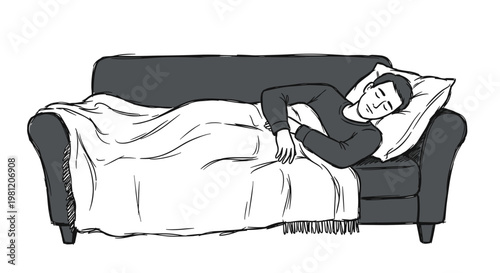 Illustration of a man peacefully sleeping on a cozy couch with a soft pillow and blanket, monochrome style, relaxed atmosphere