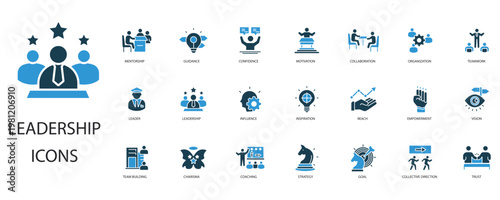 leadership icons set outline and Flat Style,transparent background