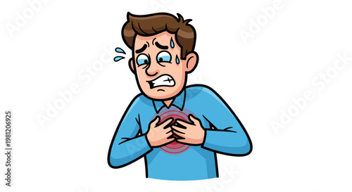 Illustration of a man clutching his chest in pain, with a worried expression, wearing a blue shirt, set against a simple white background