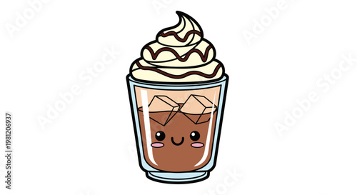 Cute illustration of an iced mocha topped with whipped cream and chocolate syrup in a glass, featuring a kawaii face, against a white background