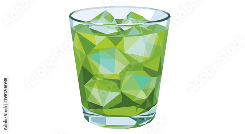 Illustration of a geometric iced green tea in a transparent cup with polygonal ice cubes on a white background