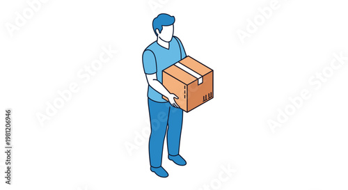 Illustrated man in blue attire holding a moving box, isometric style on white background