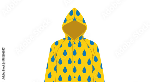 Vibrant yellow raincoat adorned with blue raindrop patterns, isolated on white background, showcasing playful and bright design, raindrops