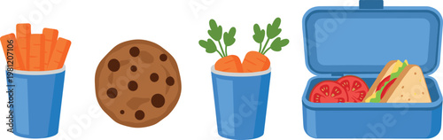 Healthy school lunch vector set with lunchbox sandwich carrots cookie snack containers and fresh food illustration
