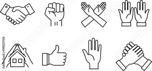 Hand gestures collection diverse line icons representing communication and agreement