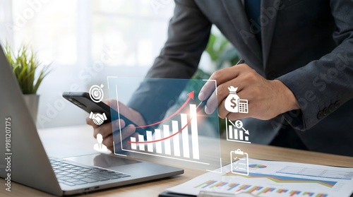 Diligent businessman analyzes impressive financial growth data and investment metrics on his smartphone, aiming for market expansion.